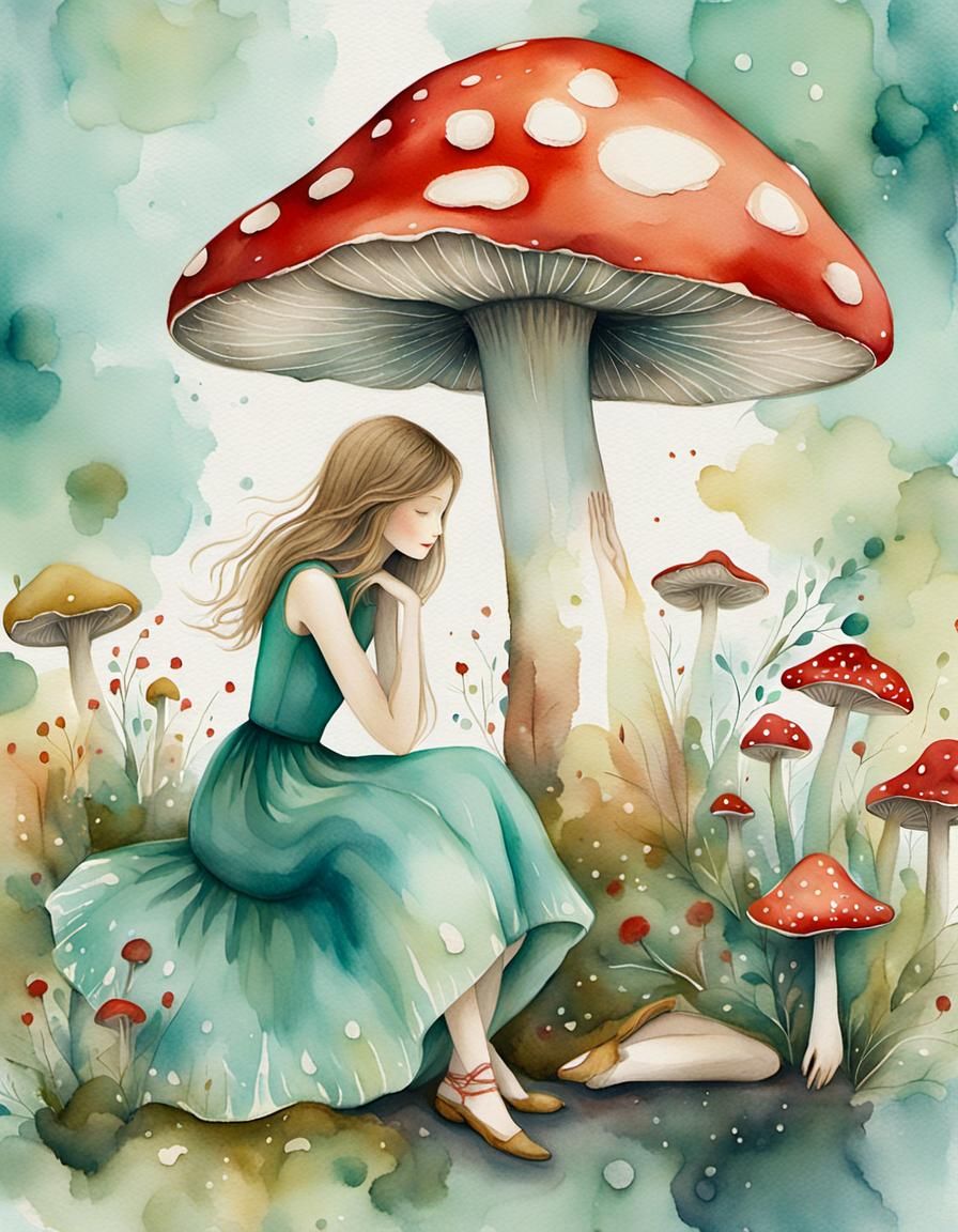 Whimsical Girl and Mushroom in Watercolor Style