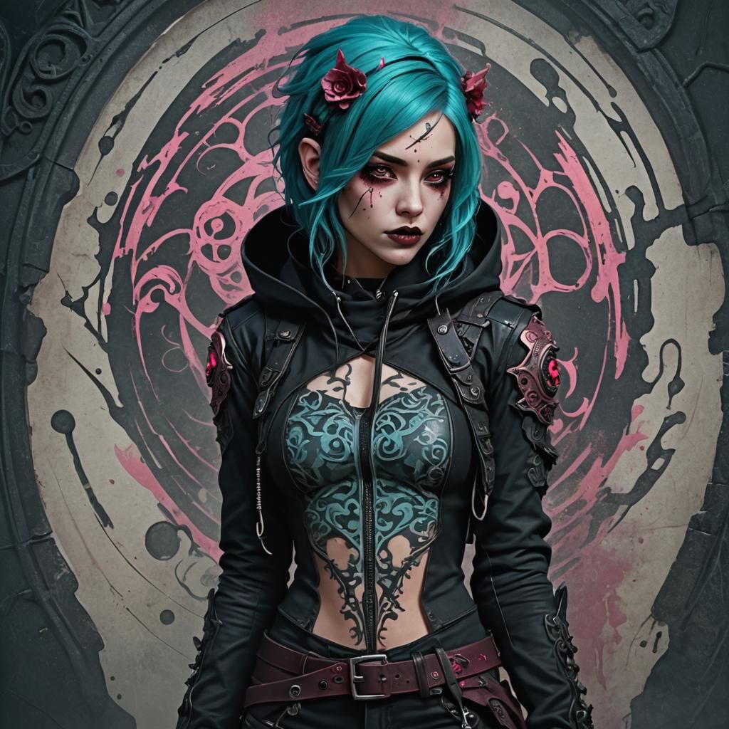 Gothic Female Rogue with Cyan Hair, Digital Art