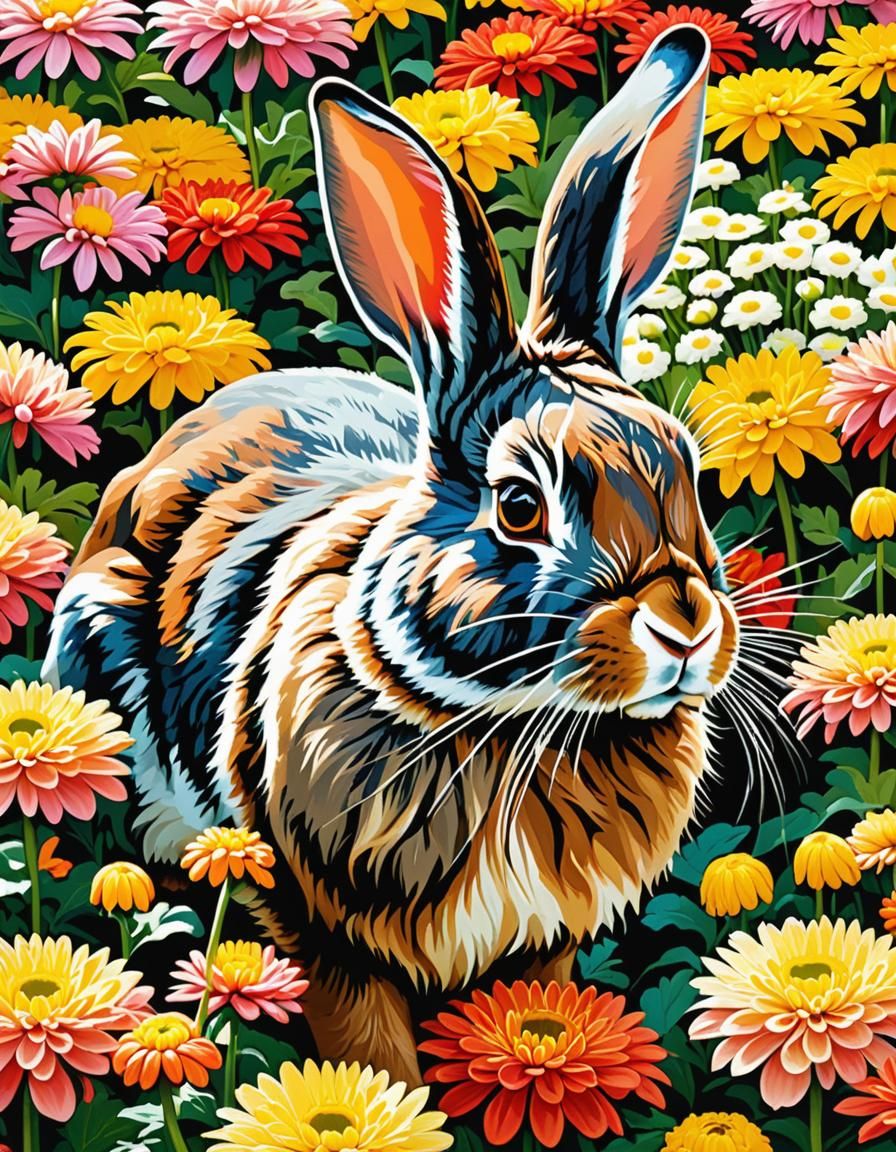 Flemish Rabbit in Abstract Chrysanthemum Garden