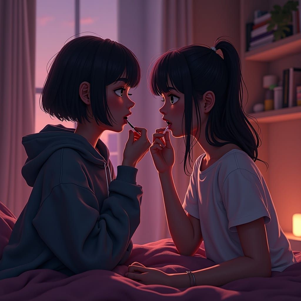 Intimate Beauty Moment: Girls Applying Lipstick in Fantastic...