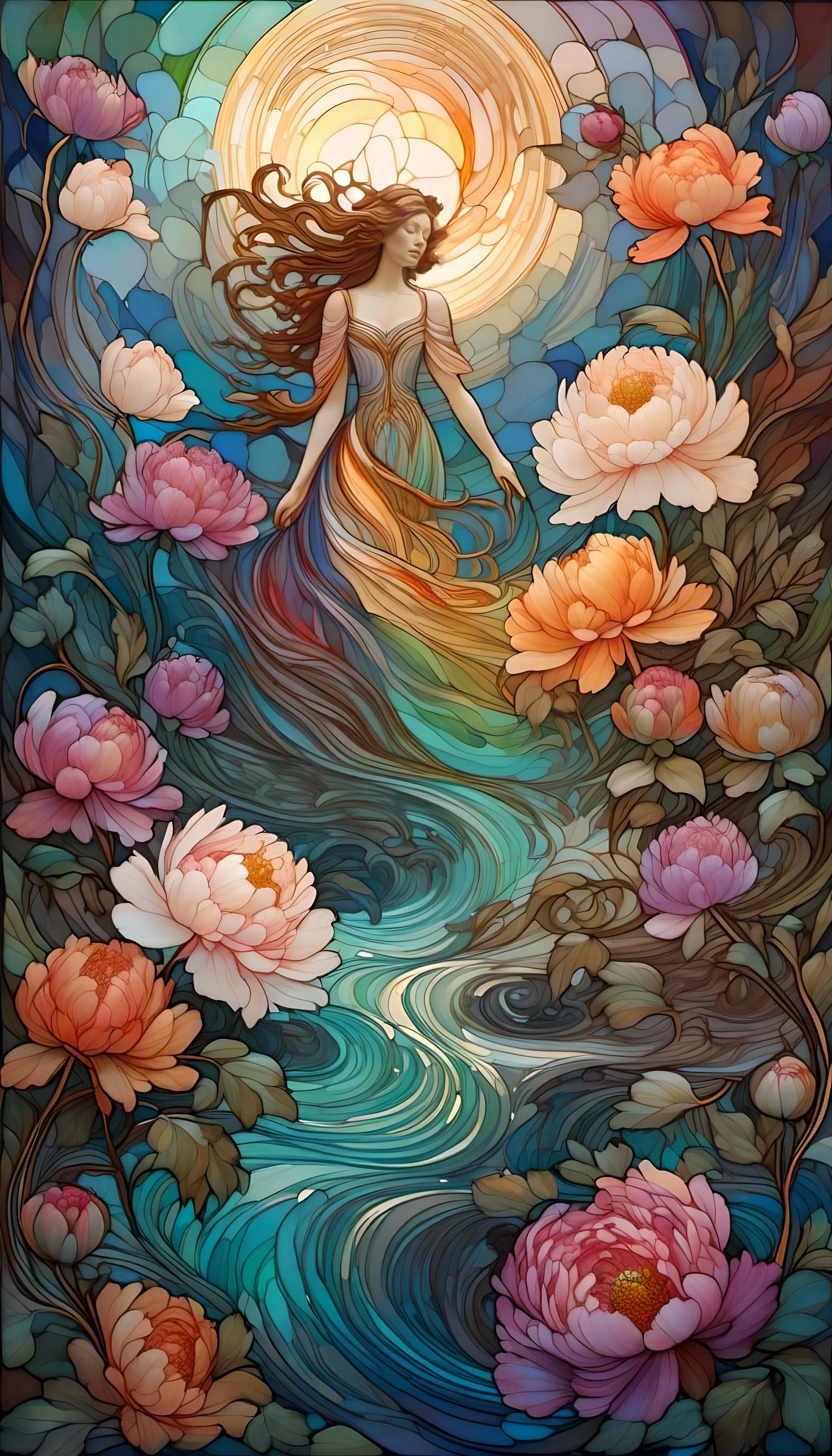 Goddess in Rainbow River: Stained Glass Style