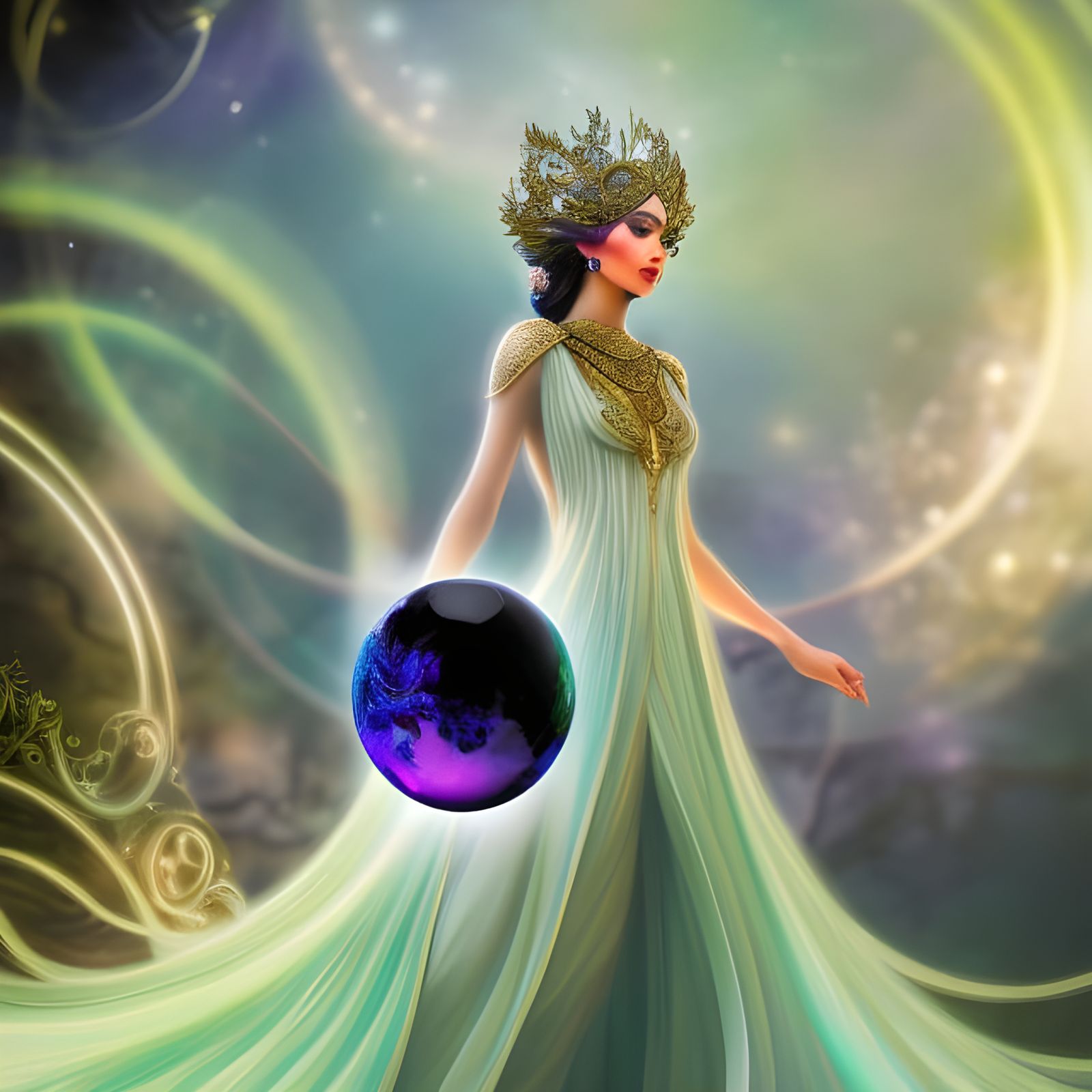 Sorceress with Crystal Ball in Spring Forest