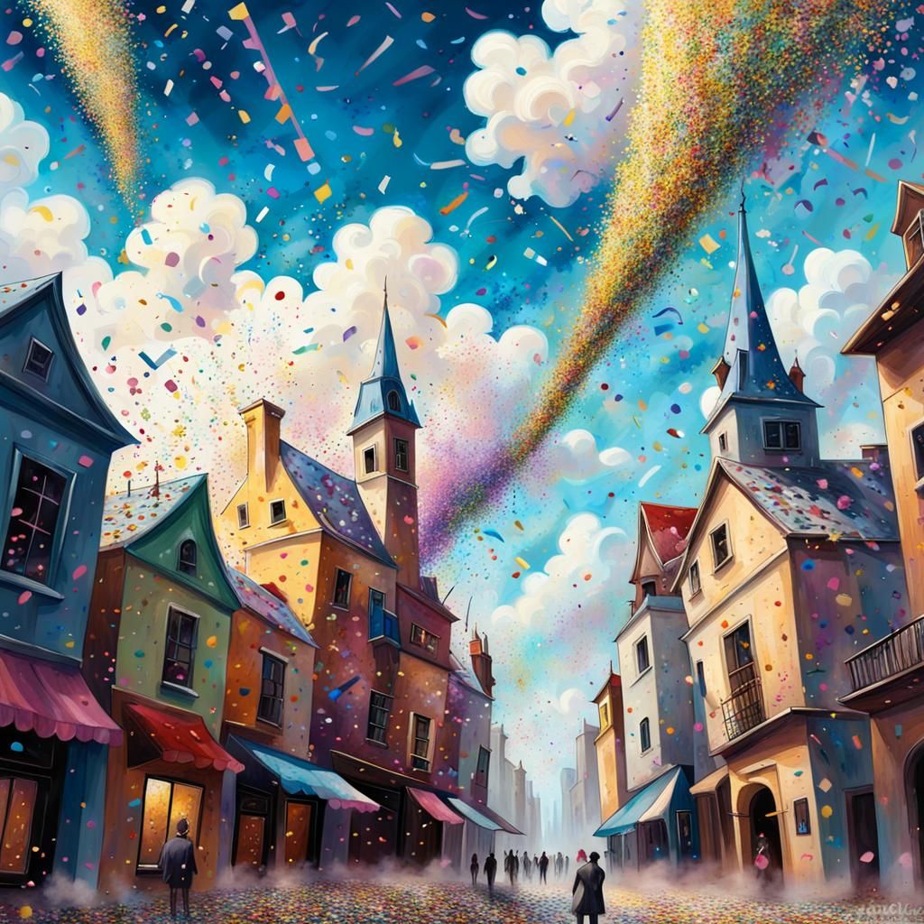 Confetti Rain Over City Skyline in Action Painting