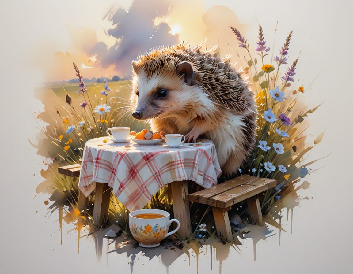 Hedgehog Picnic at Golden Hour in Sunlit Meadow