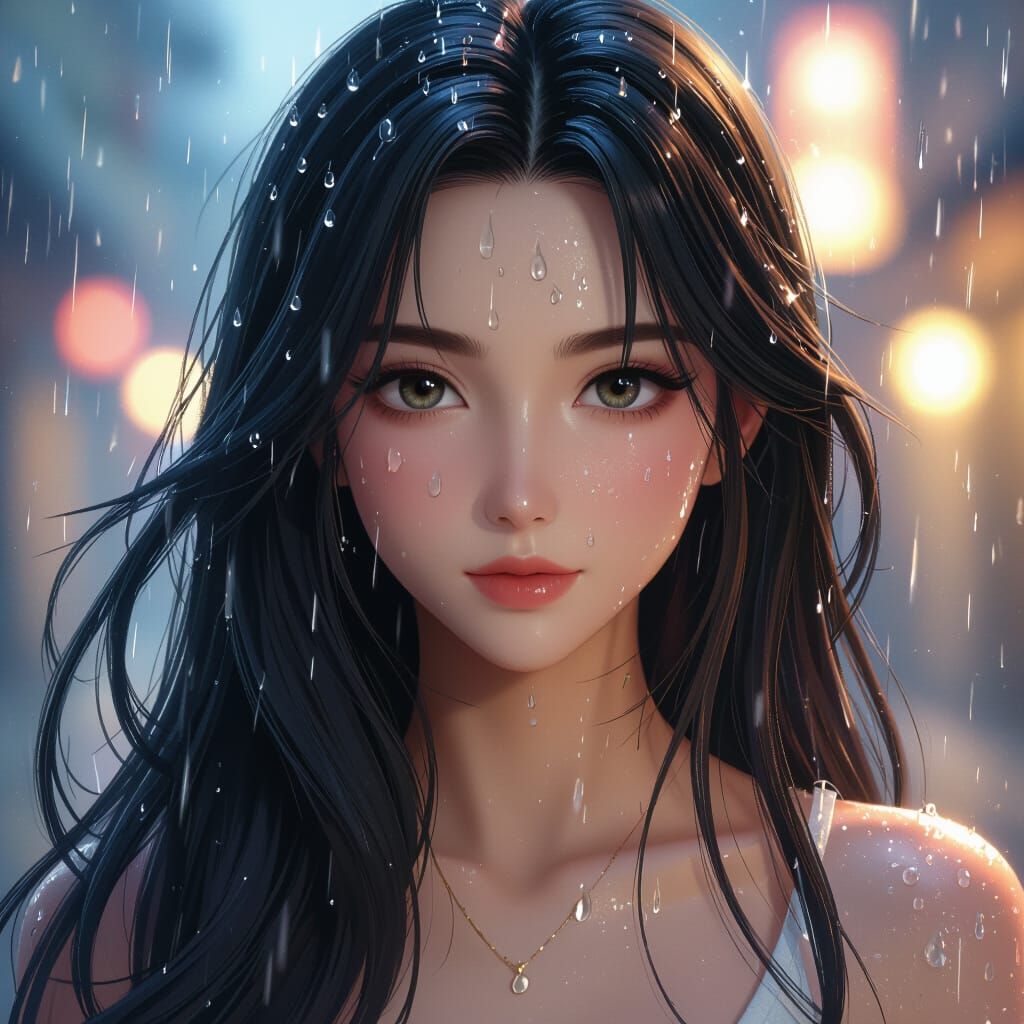 Anime Girl With Raindrops on Face in Detailed Style
