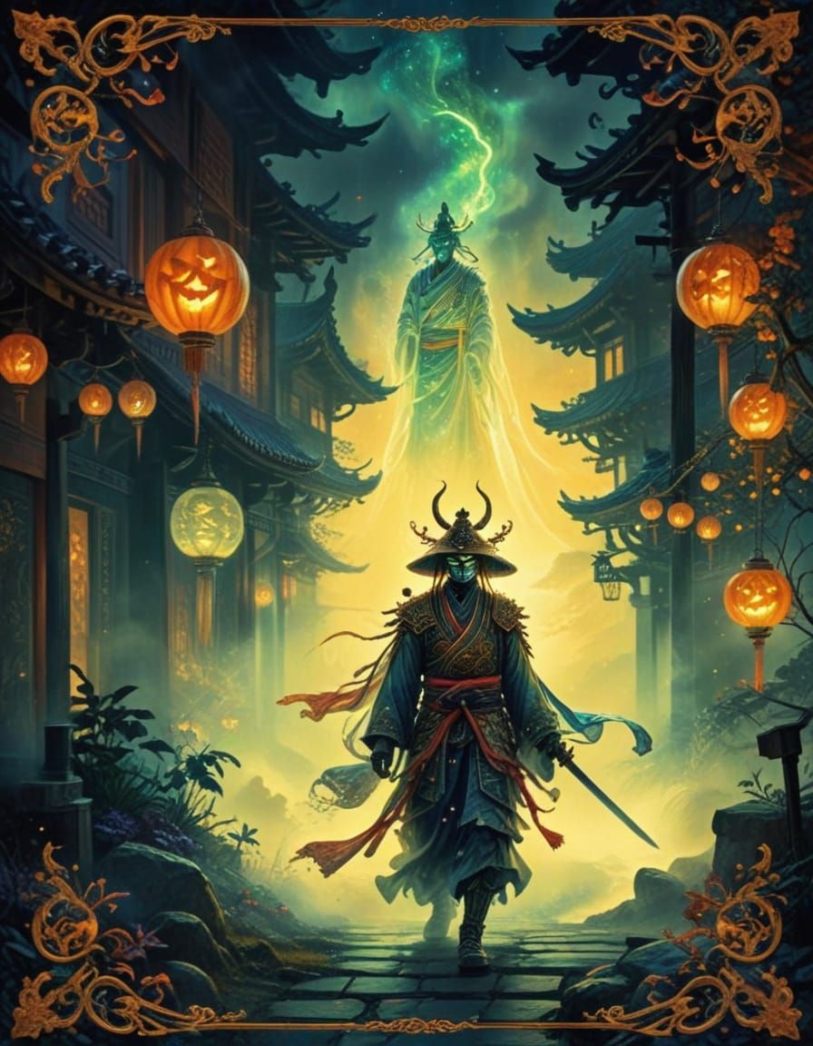 Eerie Samurai Ghost in Illuminated Halloween Streets