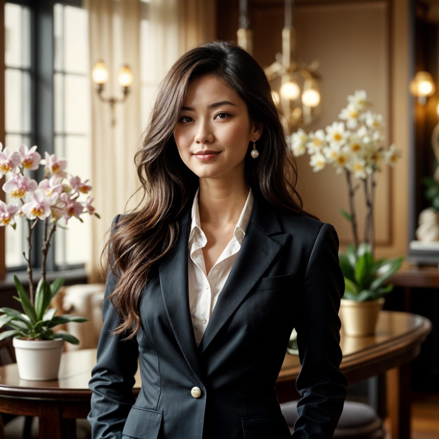 Confident Chinese CFO in Luxurious Office Morning Light