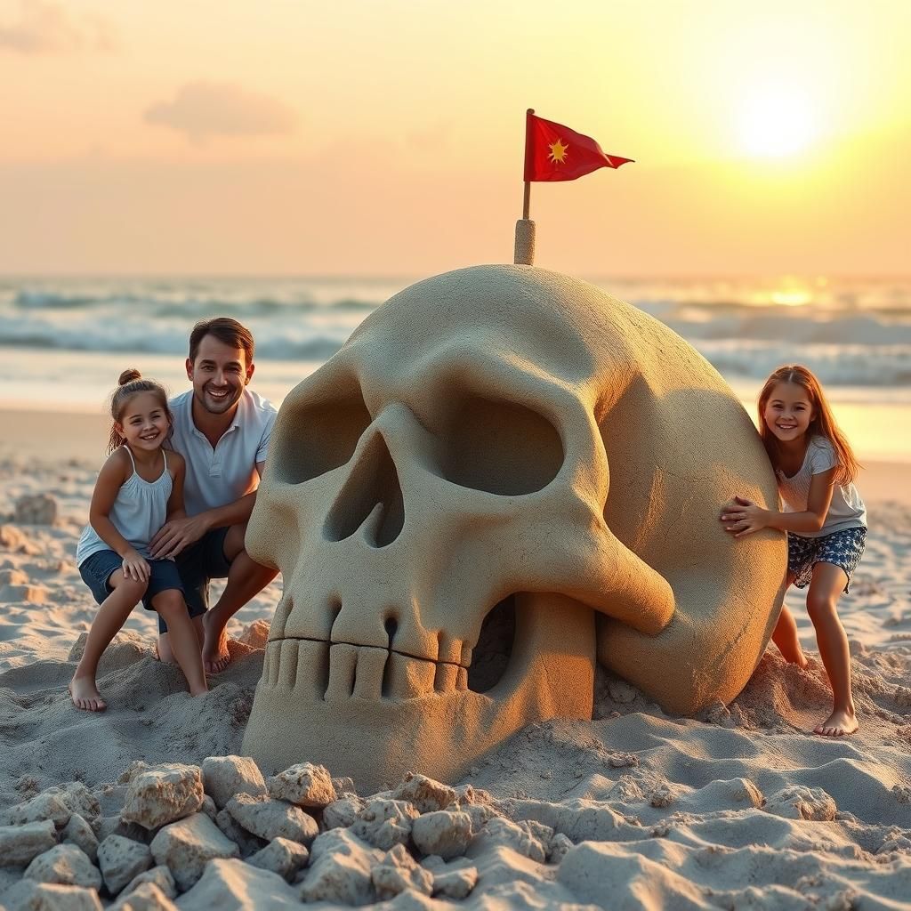 Happy Family Builds Skull Sandcastle on Beach