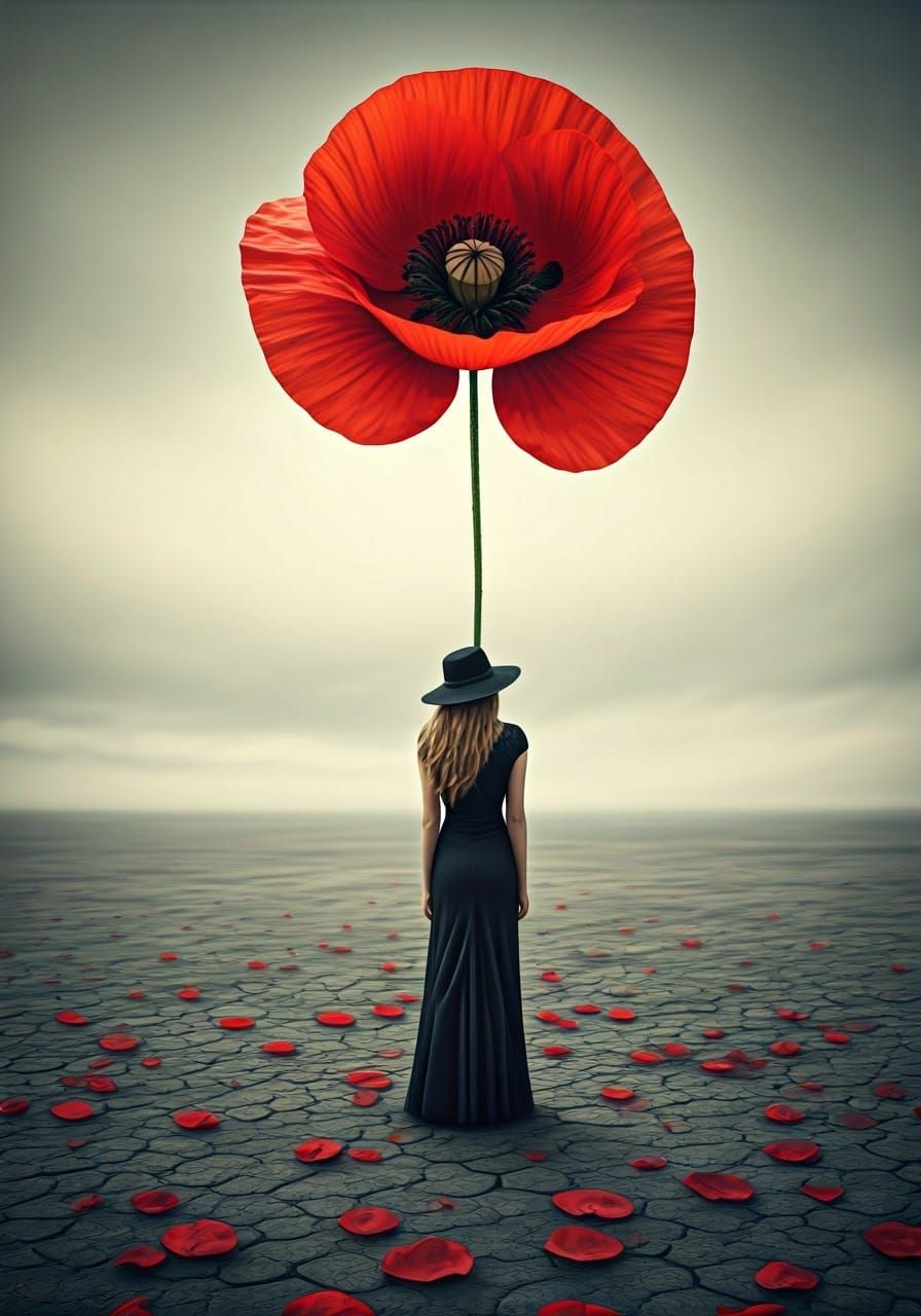 Mysterious Woman Finds Solace Under a Scarlet Umbrella in a....