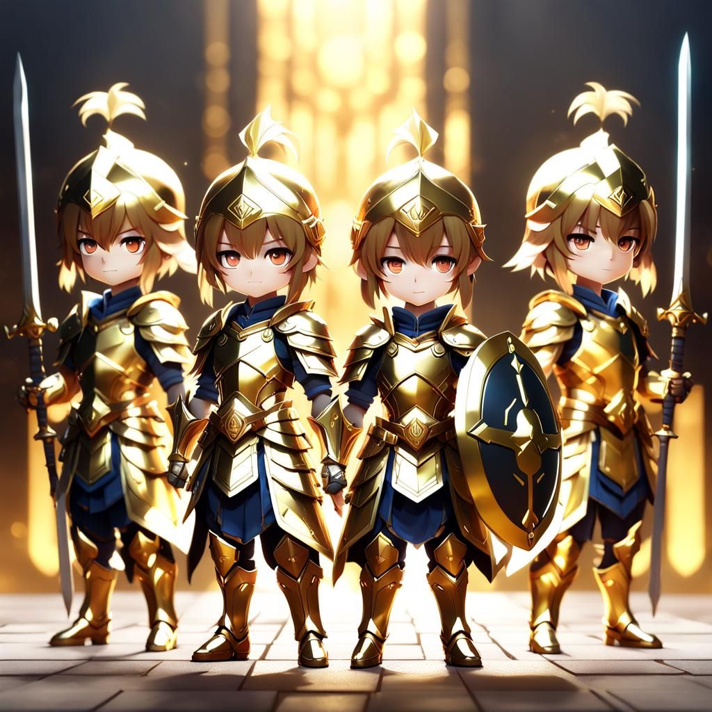 Golden Chibi Warriors in 3D Anime Style