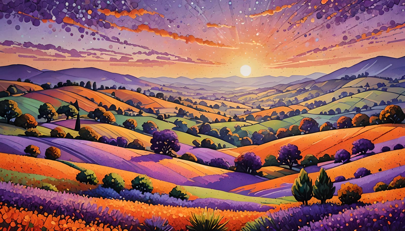 Vibrant Pointillism Sunset Over Tranquil Countryside