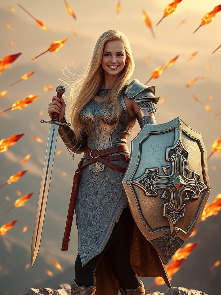 Smiling Woman Warrior in Silver Armor on Mountain