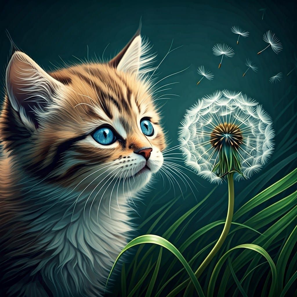 Kitten Sniffs Giant Dandelion in Abstract Landscape