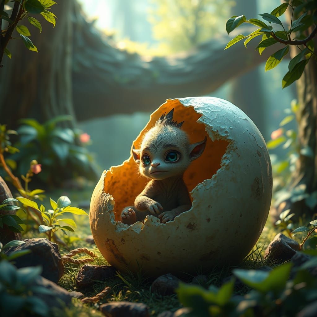 Mystical Hatchling in Forest, Digital Art