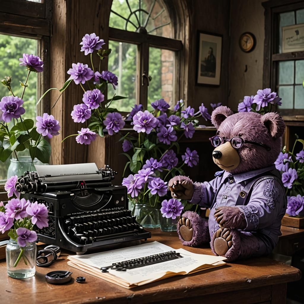 Bear at Typewriter with Purple Flowers