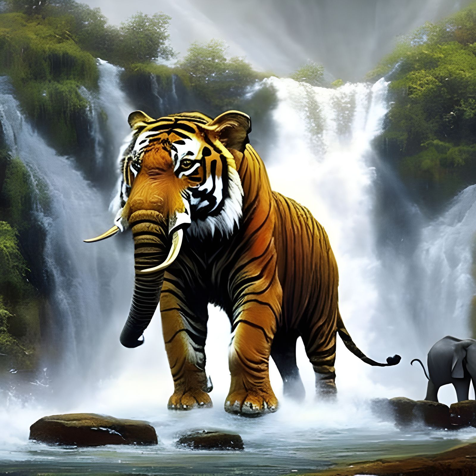 Majestic Tiger Elephant Bathing Under Waterfall