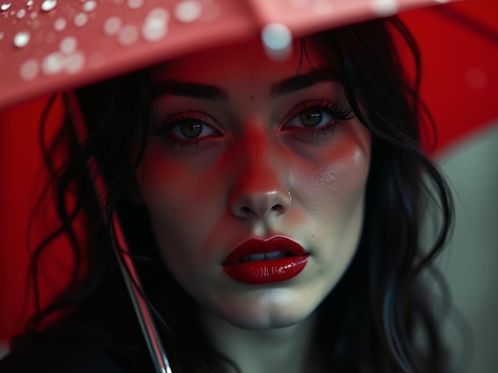 Monochrome Woman with Red Umbrella in Rain