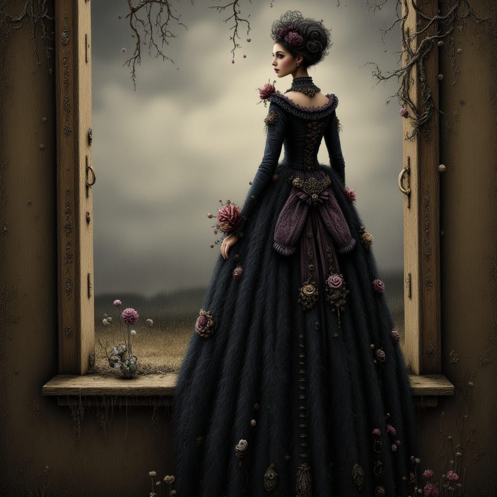 Victorian Woman Gazes from Decaying Manor Window