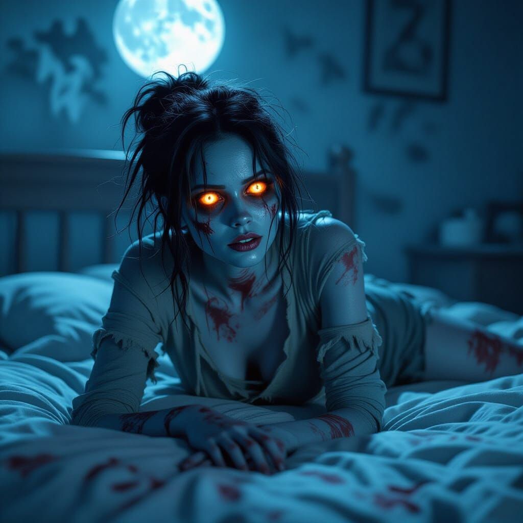 Blue Zombie Woman with Glowing Eyes in Digital Art Style