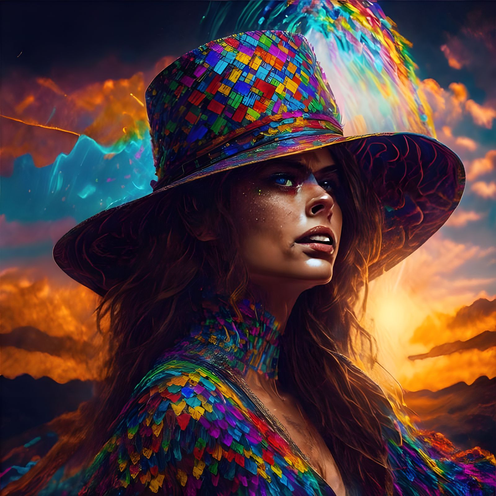 Mosaic of Beautiful Woman with Firework Hat