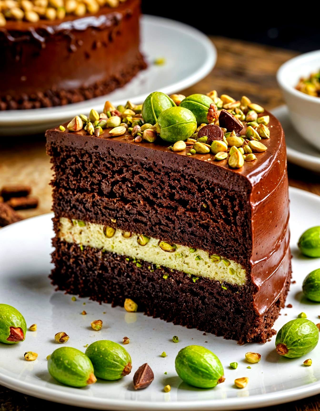 Decadent Chocolate Cake with Kanafa and Pistachio Filling in...