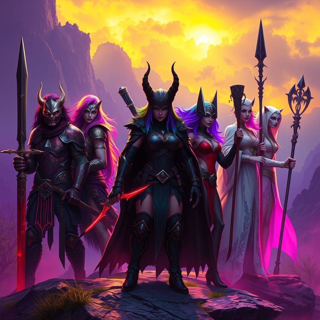 Female Beast-Kin Warriors Prepare for Battle in Neon Hues