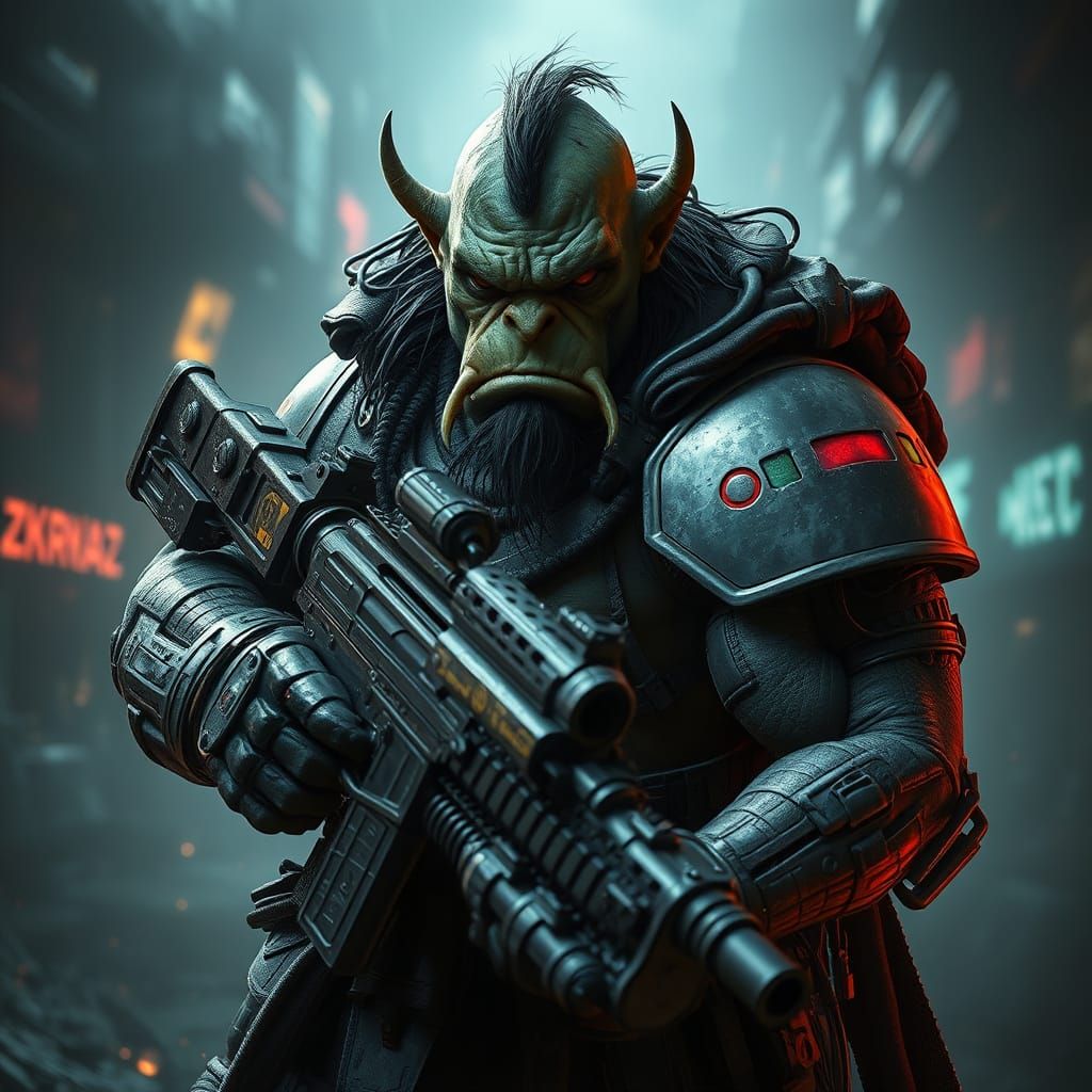 Cyberpunk Orc Mercenary in Futuristic Armor