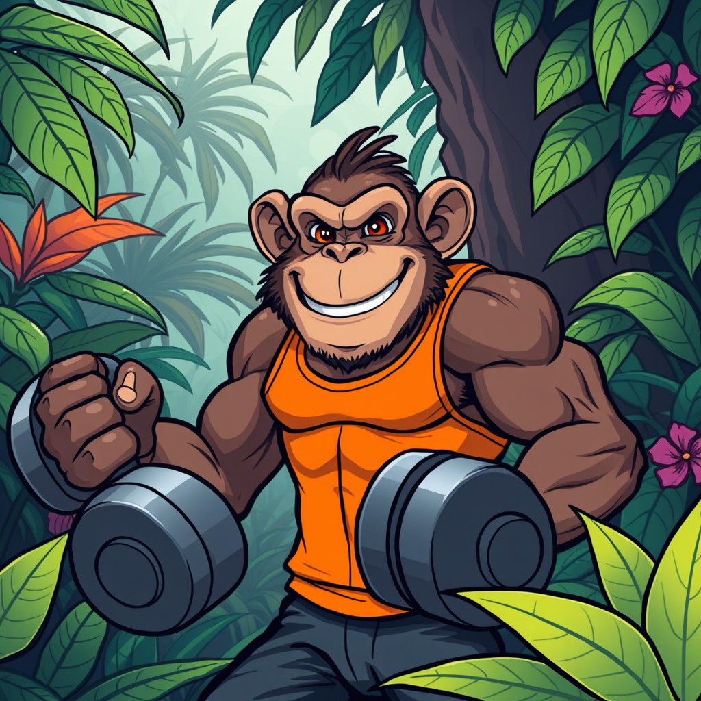 Cartoon Monkey Bodybuilder in Jungle Gym