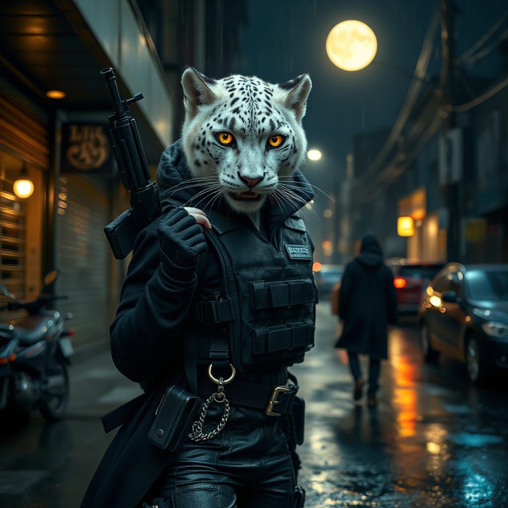 Snow Leopard Vampire Soldier in Rio Favela