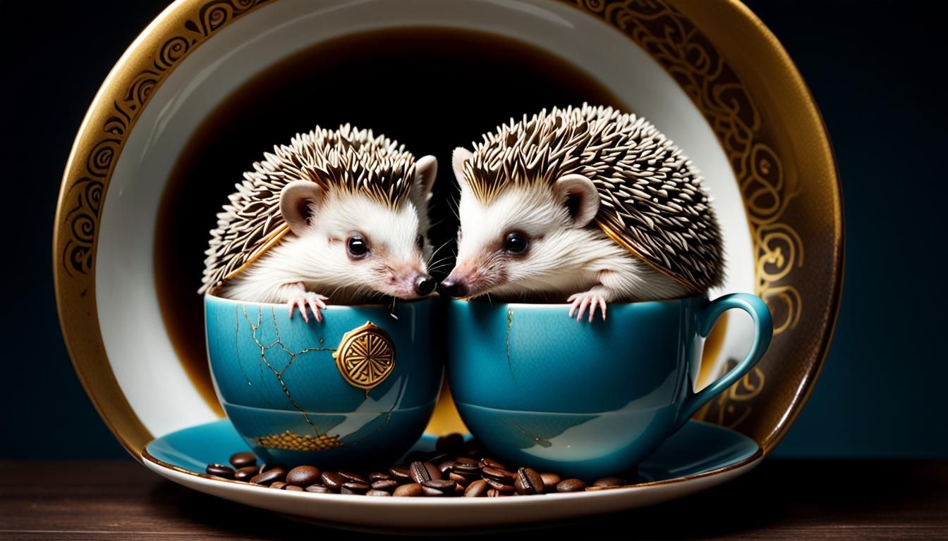 Hedgehogs in Kintsugi Cup, Hyperrealistic Photoillustration