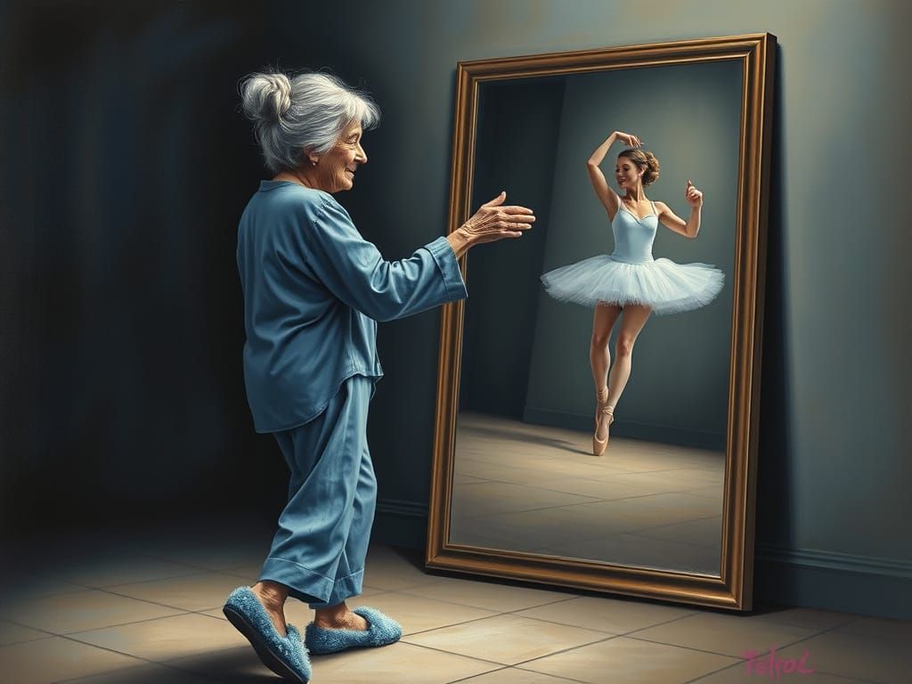 Elderly Woman's Reflection as Ballerina: Charcoal Art