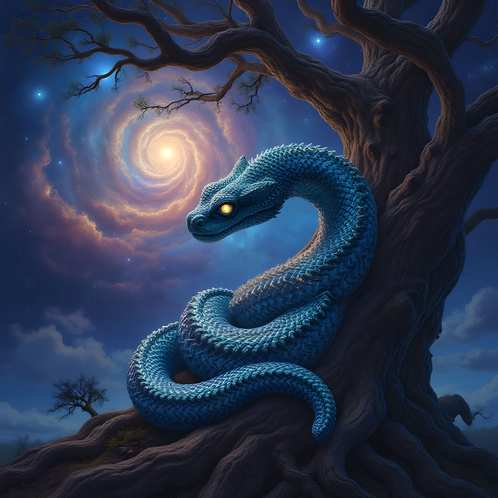 Bioluminescent Serpent Coiled Around Ancient Tree
