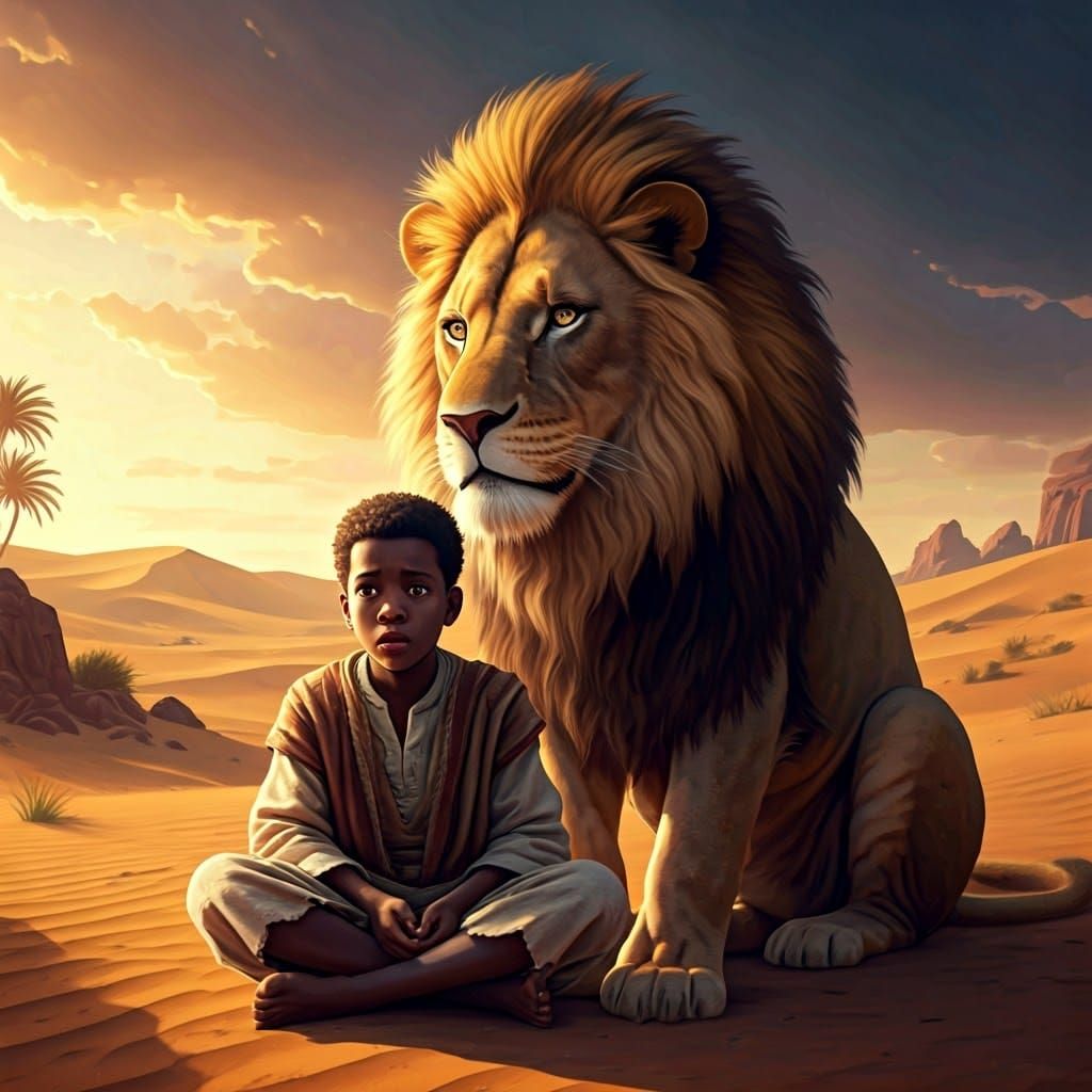 Boy and Lion in Desert Sunset: Matte Painting