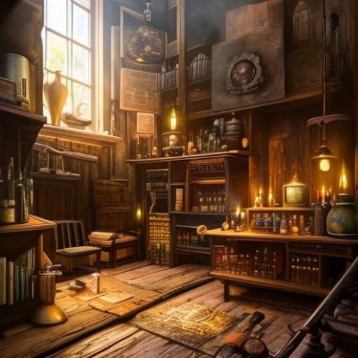 Vintage Apothecary Interior with Golden Light