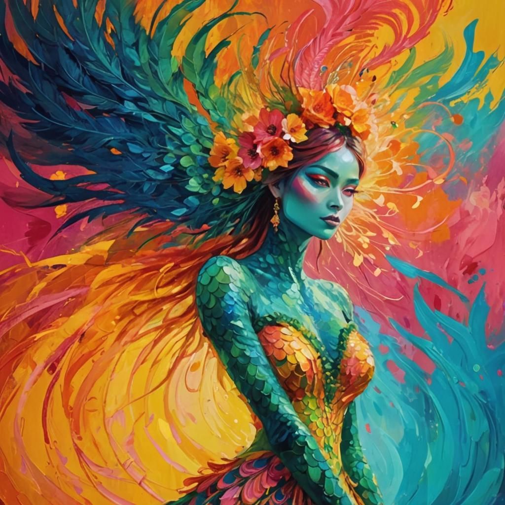 Dragon Peacock Woman in Abstract Expressionist Style