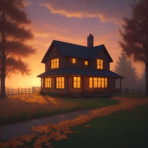 Cozy Home in Autumnal Landscape at Sunset