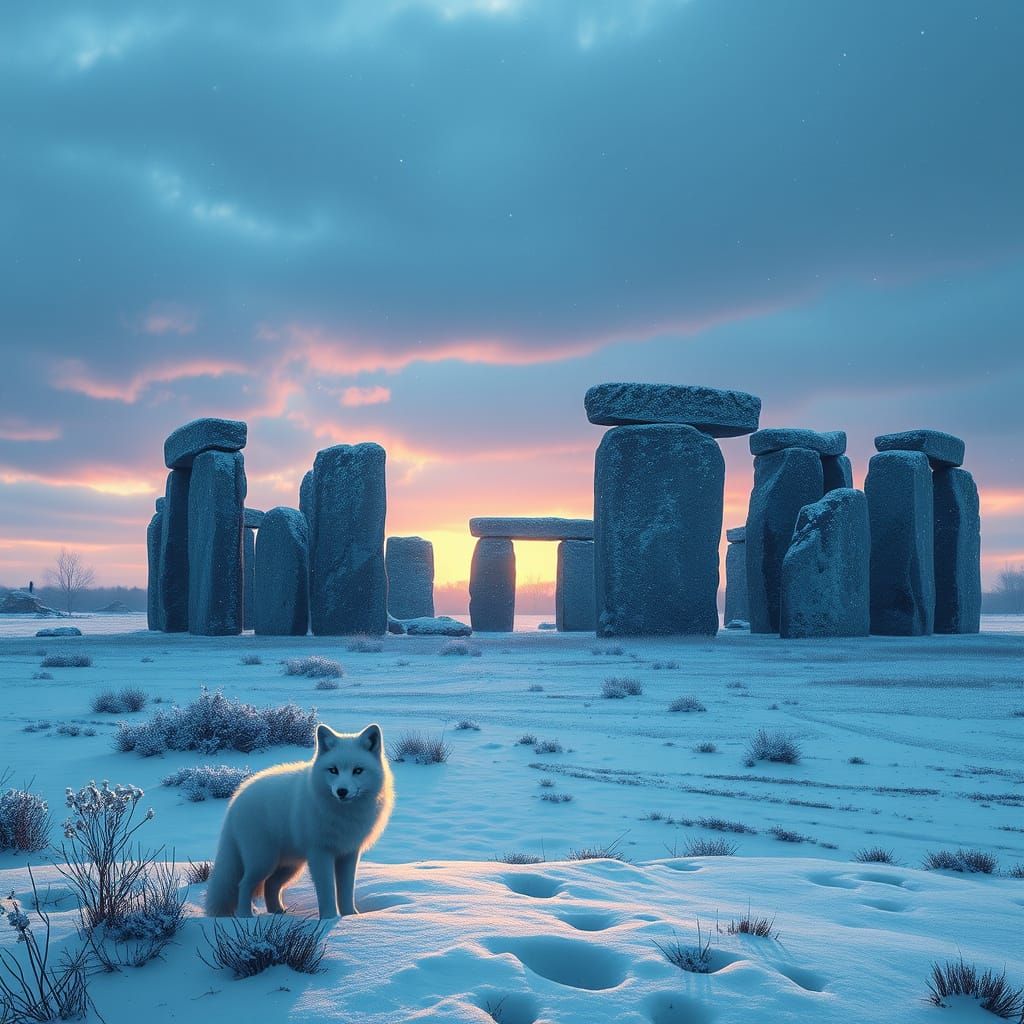 Winter Stonehenge with Snow Foxes: Fantasy Concept Art