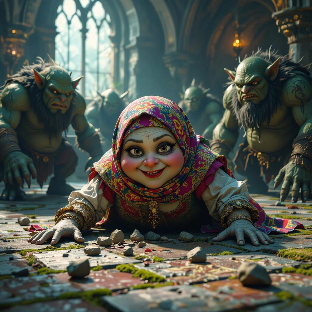 Humpty Dumpty Shattered by Trolls in Fantasy Art Style