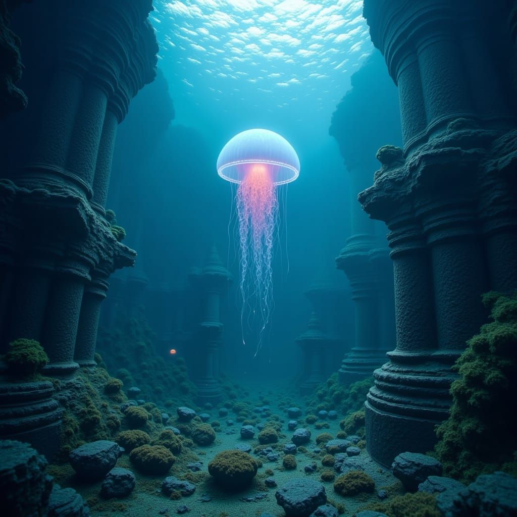 Bioluminescent Jellyfish Illuminates Sunken City Ruins
