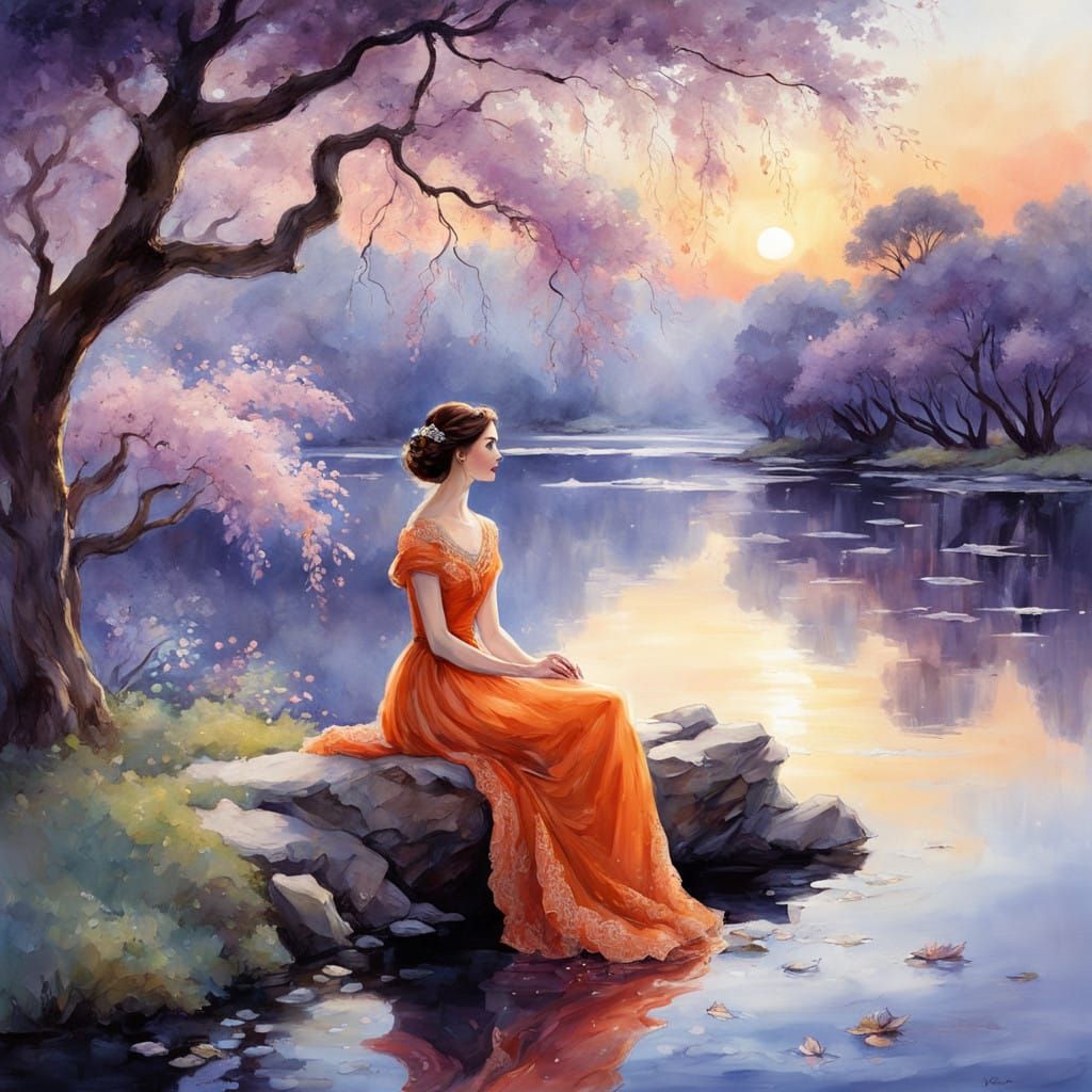 Elegant Lady in Vibrant Orange Evening Gown Under Majestic W...