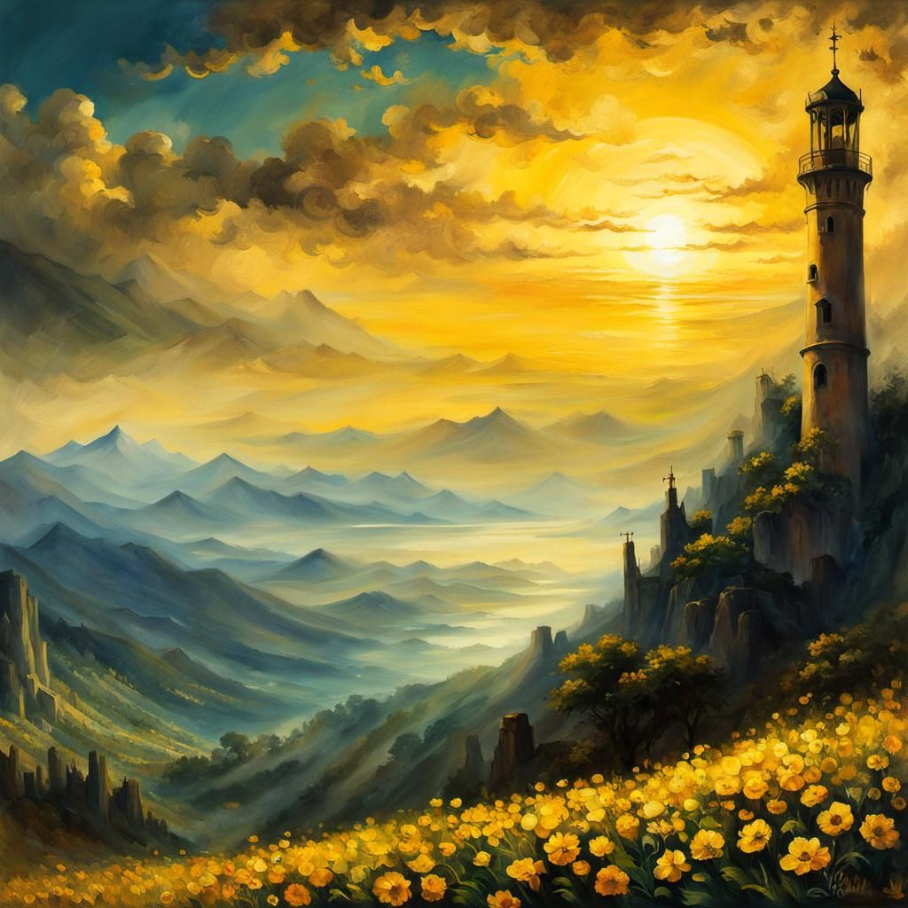 Dramatic Yellow Flowers, Dark Landscape Painting
