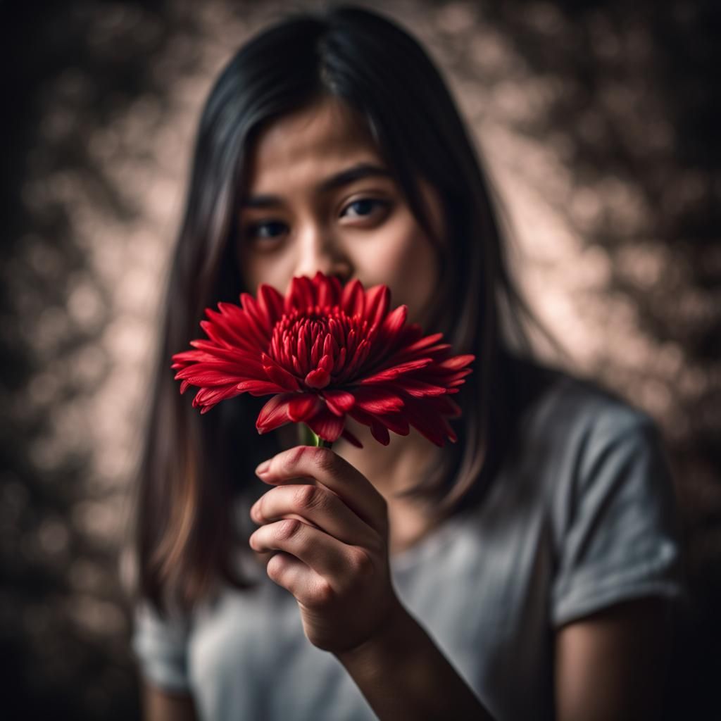 Girl's Hand Holding Red Flower: Hyperrealistic Close-Up