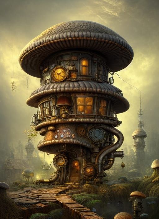 Steampunk Mushroom House in Hyperrealistic Style