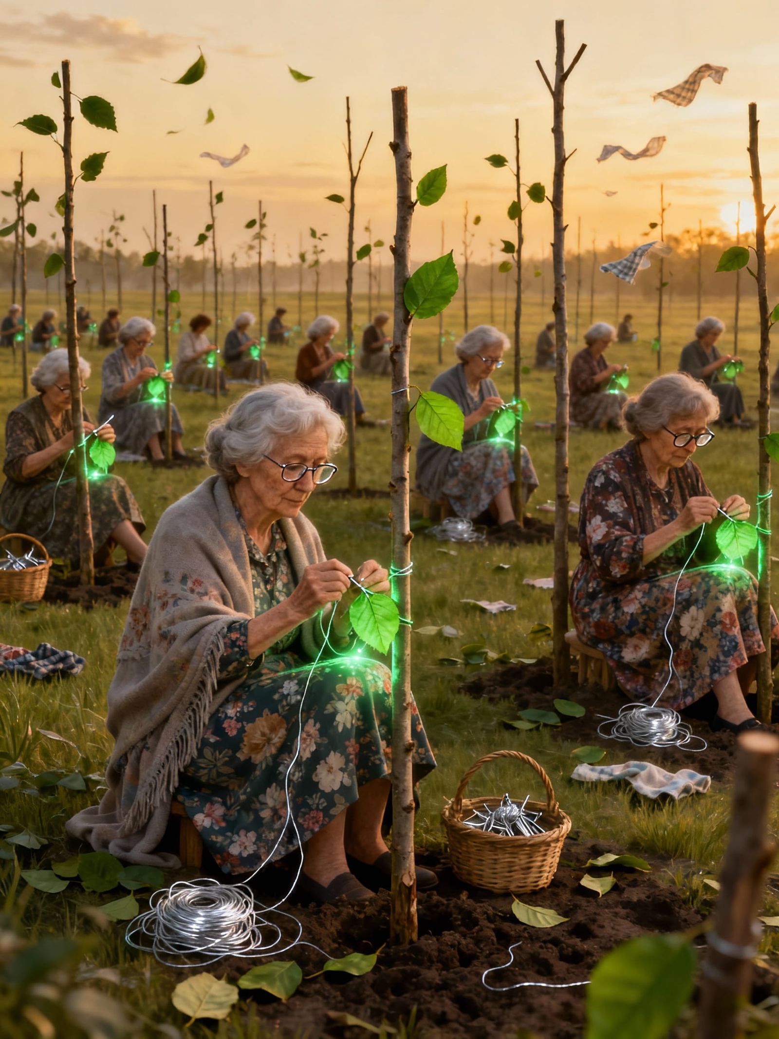 Surreal Grandmothers Nurture Nature in Twilight Meadow