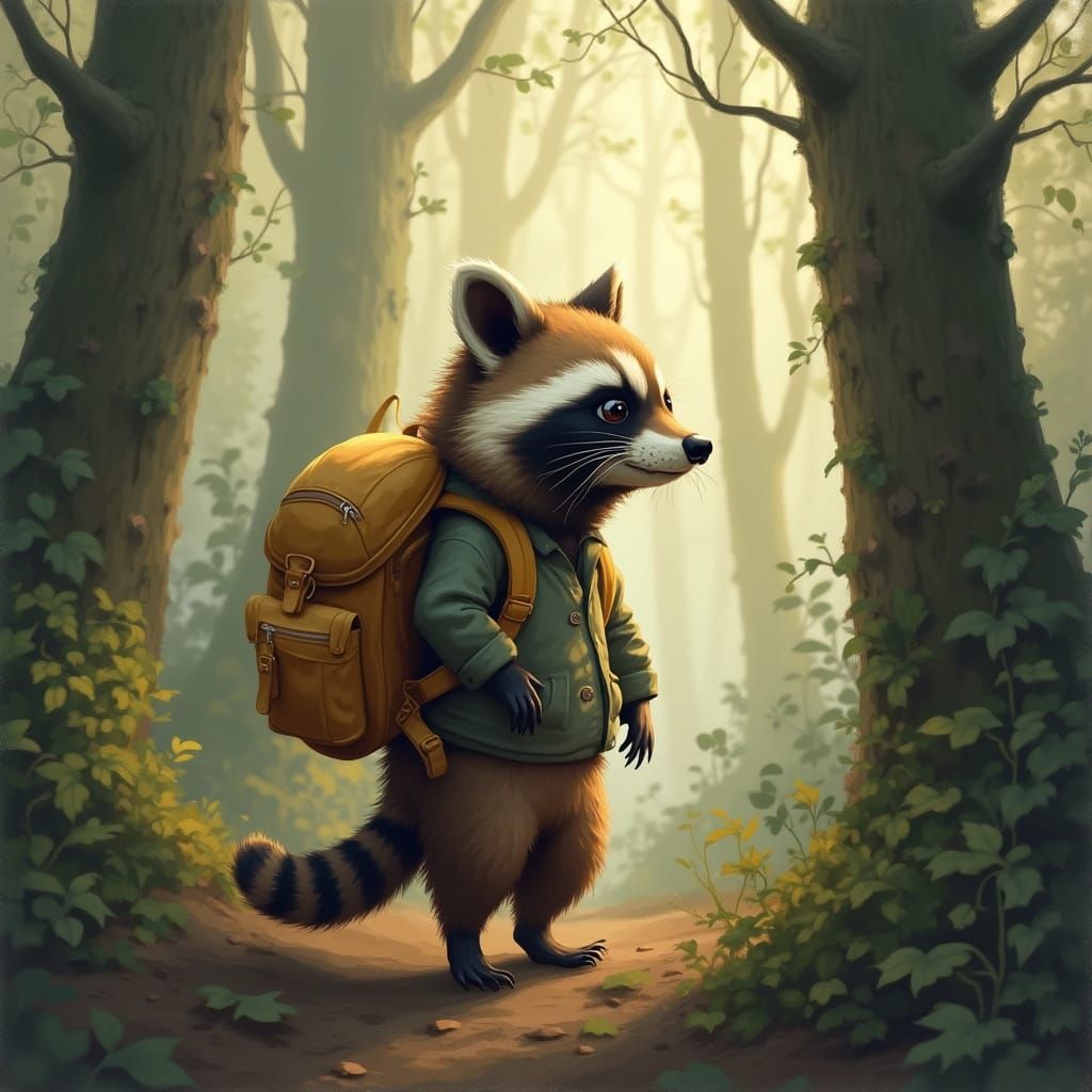 Raccoon With Backpack in Misty Forest
