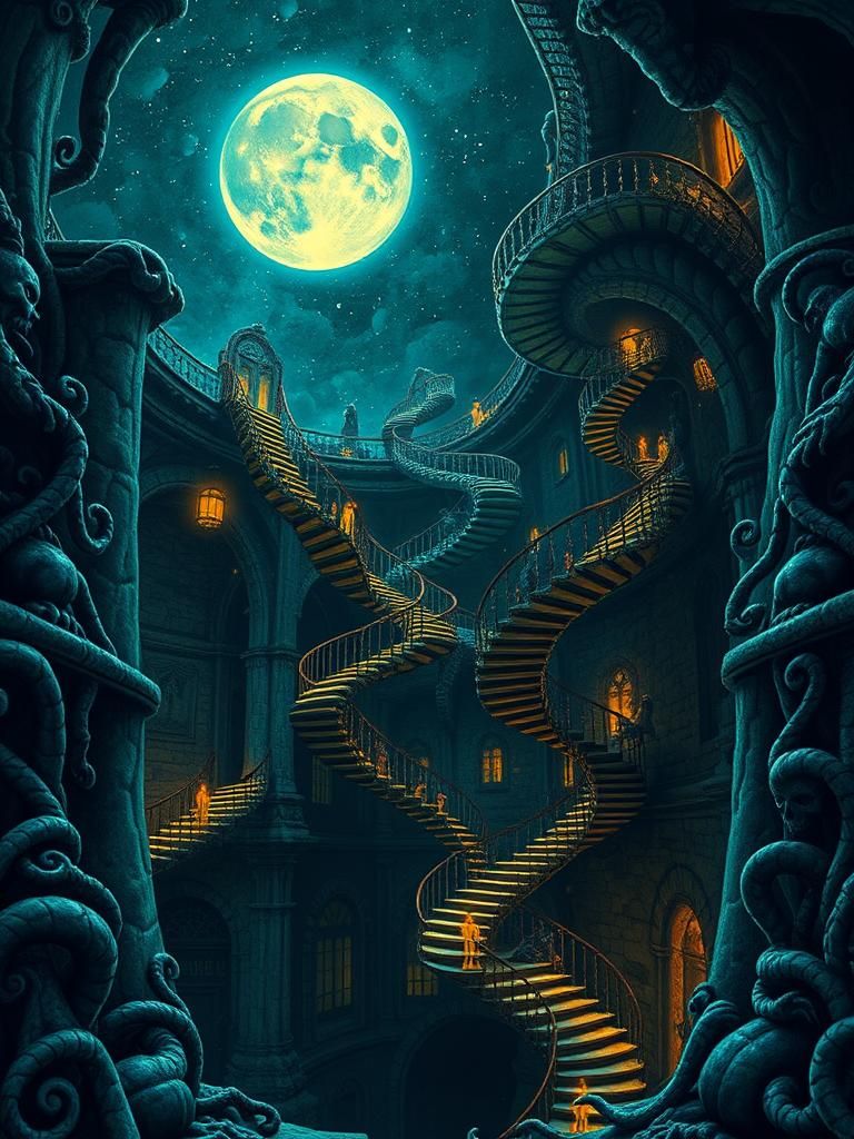 Dreamlike Staircases Connect Worlds in Pointillist Style