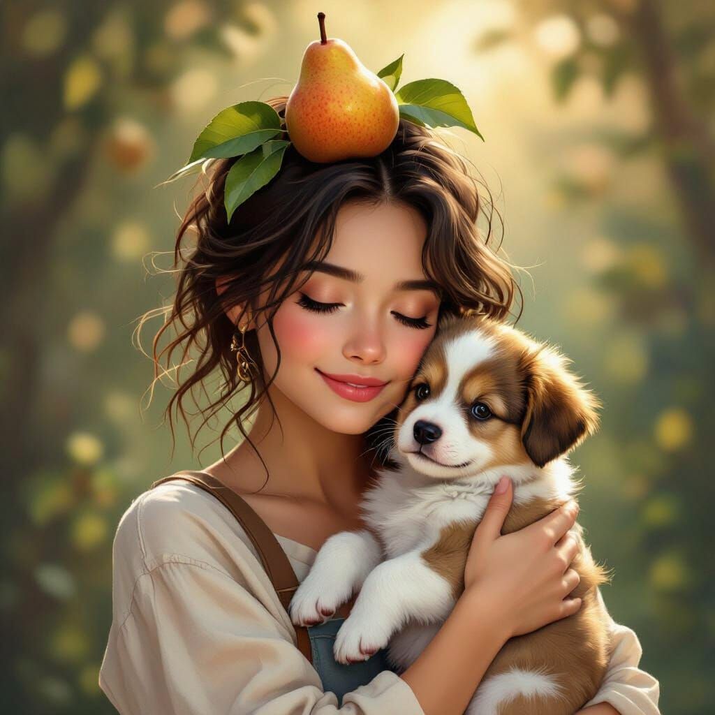 Person Holding Puppy with Pear, Whimsical Art