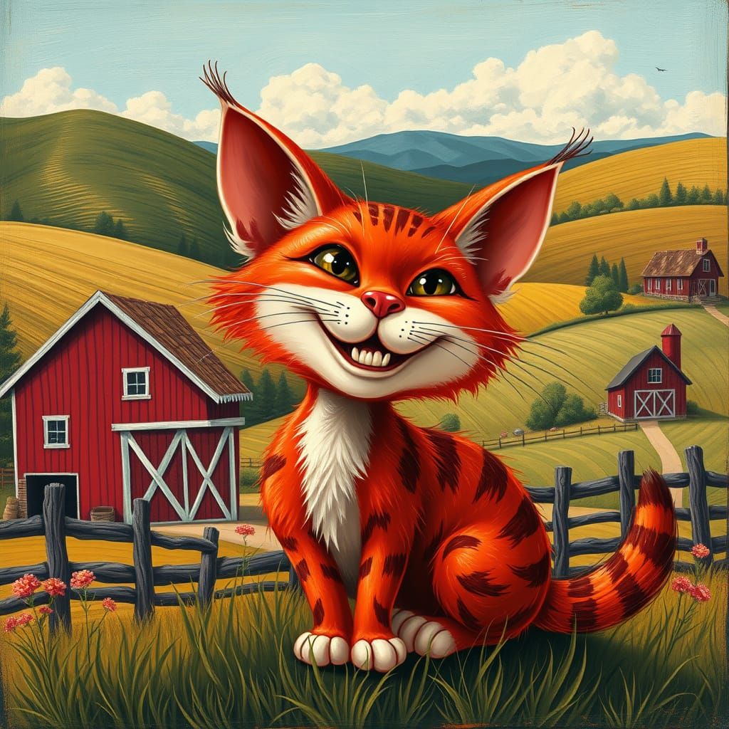 Whimsical Feral Cat Caricature on a Farm