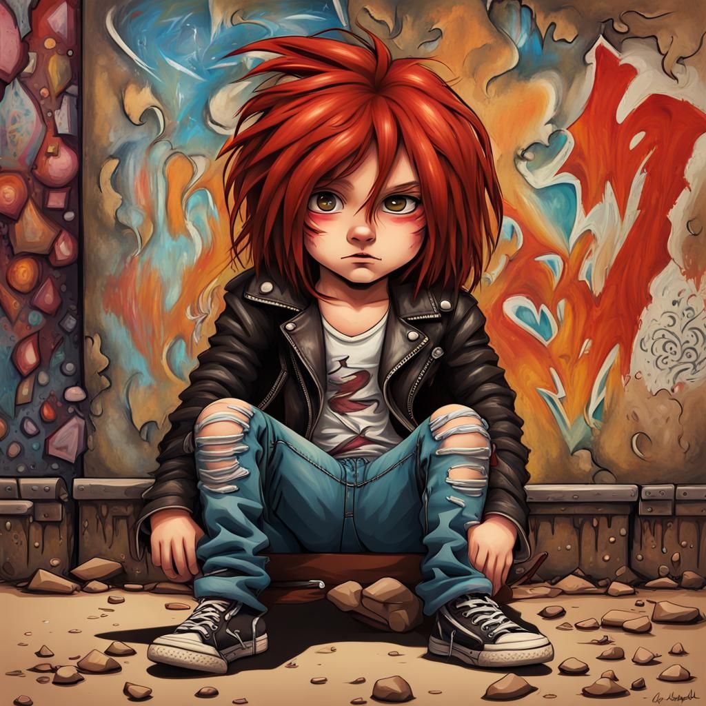 Chibi Heavy Metal Boy Watching Festival in Oil Painting Styl...