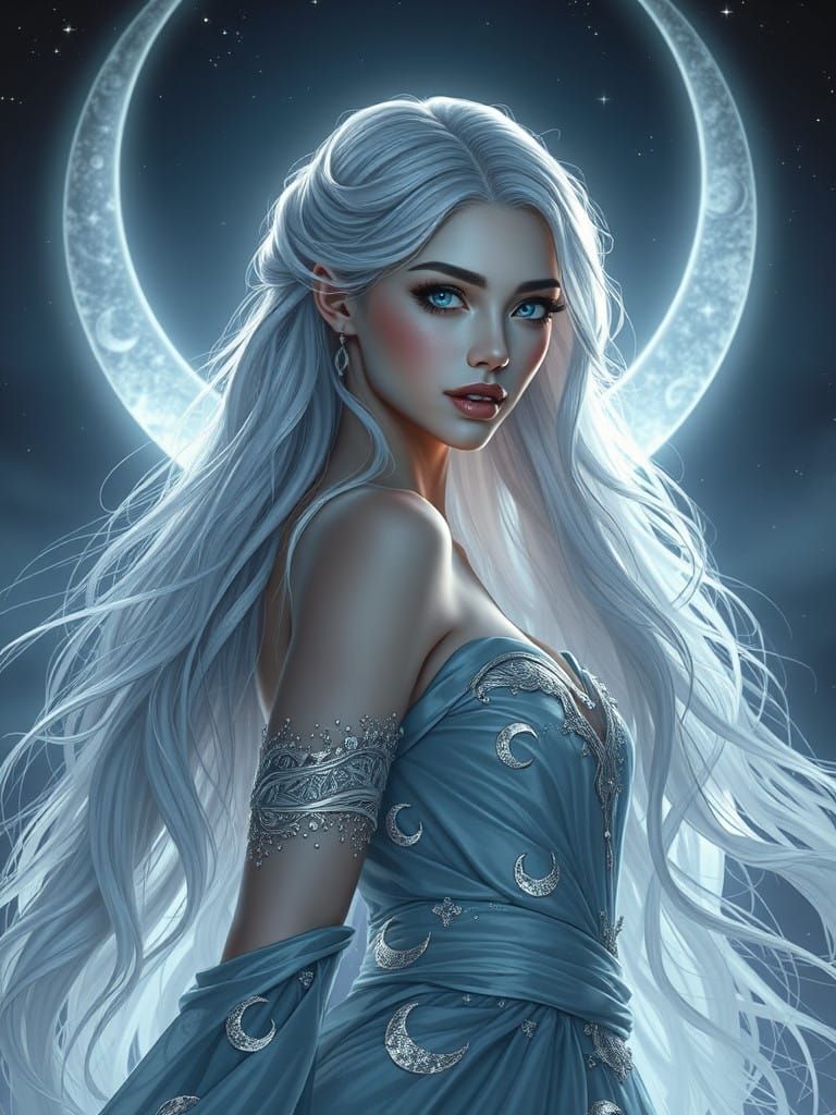 A serene goddess of lunar mystique, her silvery tresses cascading down her back like a river of moonlight, her ethereal ...